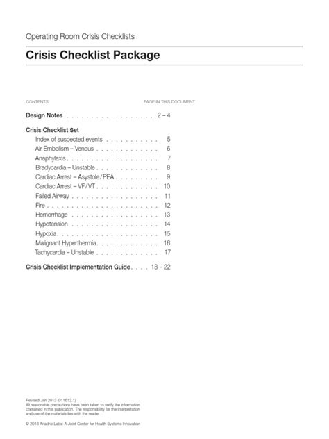 Crisis Checklist Package Operating Room Crisis Checklists Pdf