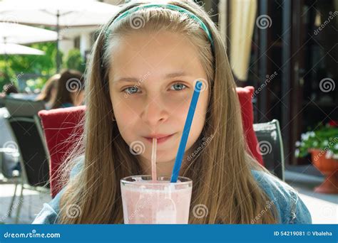 Pretty Happy Girl Drinking Strawberry Smoothie Stock Image Image Of Restaurant Juice 54219081