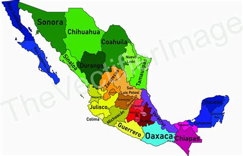 Vector Mexico Map By State Labeled Etsy