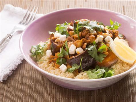 Meanwhile, put the couscous in a heatproof bowl with the remaining lemon zest stir in the lemon juice. Eggplant Tagine with Couscous, Chickpeas and Feta Cheese ...