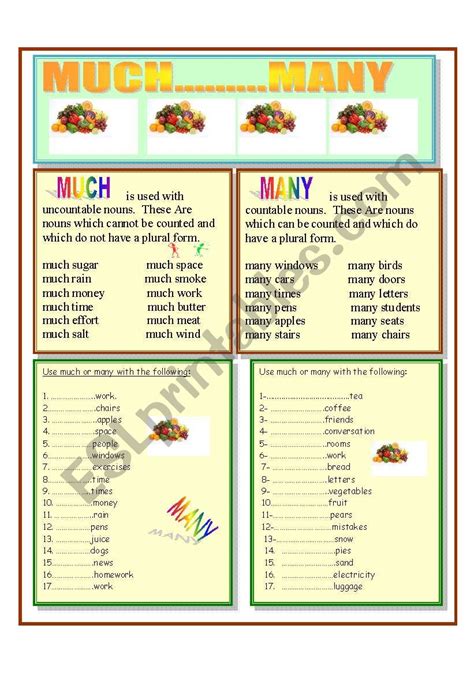 Much And Many Countable And Uncountable Nouns Esl Worksheet By Giovanni