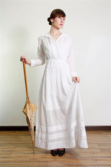 Antique Edwardian Gown White Cotton Dress By Veravague Edwardian