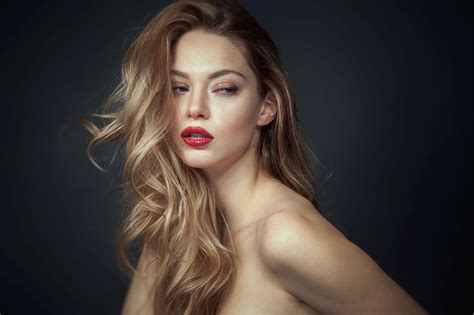 Red Lipstick Portrait Long Hair Model Bare Shoulders Blonde