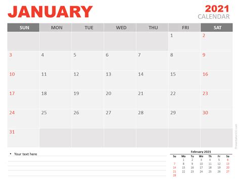 Print and list all your holidays and notes. January 2021 Calendar for PowerPoint and Google Slides