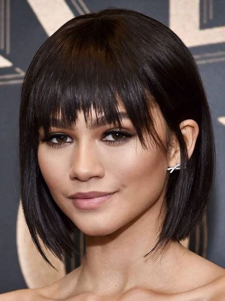 Long layered bob with fringe. Chin Length Natural Black Straight Bob Wig with Playful ...
