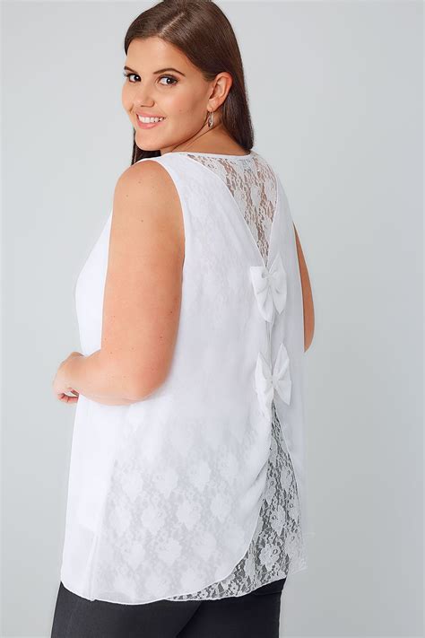 White Sleeveless Top With Lace Back And Double Bow Detail Plus Size 16 To 32