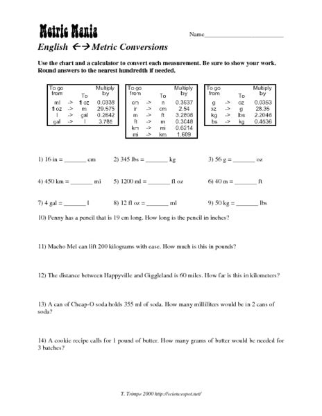 Stoichiometry practice worksheet answer key. Metric Mania-English to Metric Conversions Worksheet for ...