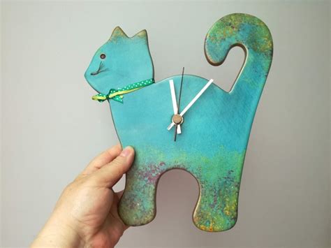 Blue Cat Wall Clock Ceramic Wall Clock Of Turquoise Blue And Etsy