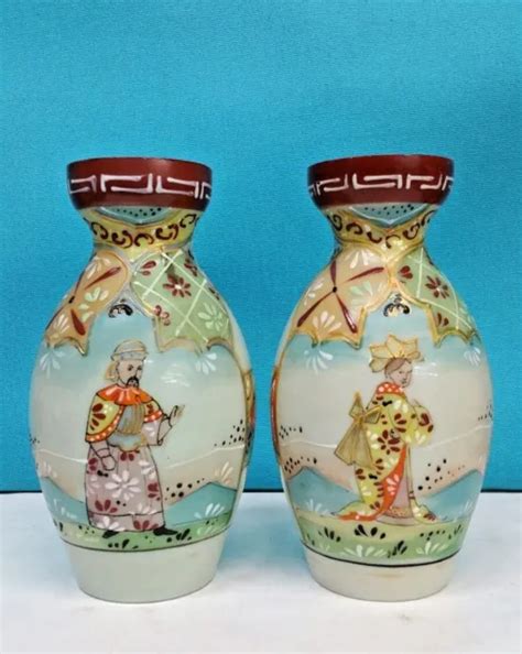Coppia Di Antico Giapponese Porcellana Vasi Dipinto A Mano 2 Pezzi Eur