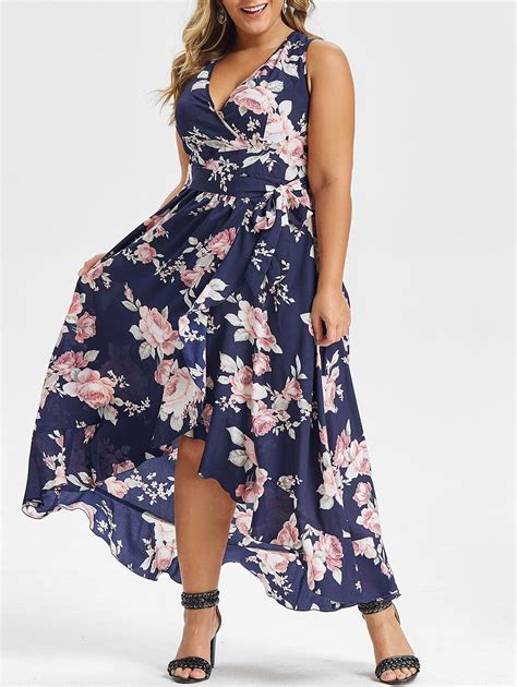 OFF Plus Size Floral Print Sleeveless High Low Maxi Dress In CADETBLUE DressLily