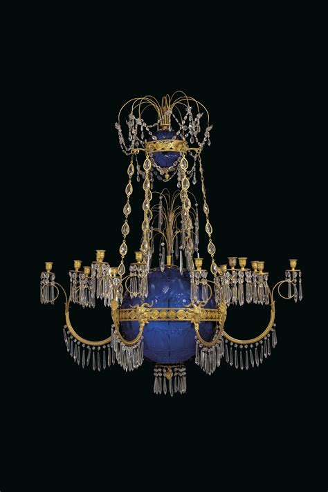 A Russian Ormolu And Cobalt Blue Cut Glass Eighteen Light Chandelier Early Th Century The