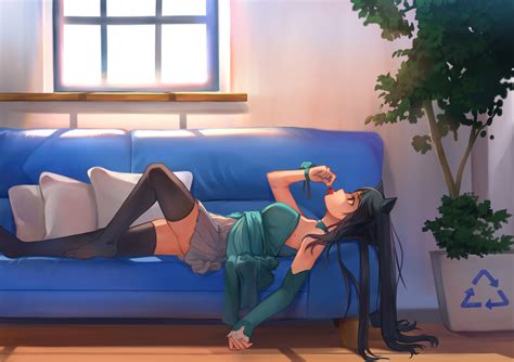anime anime girls cat ears neko ears skirt couch in sofa long hair black hair hd wallpaper