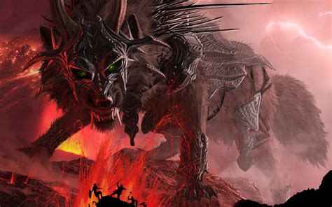 Wolf Jaws Teeth Horns Armor Mountains Lava Lightning Wallpapers