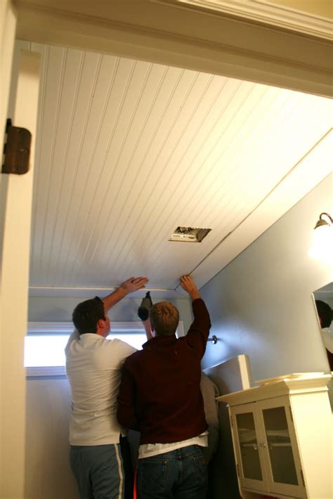 Classic beadboard installed on the ceiling is a great way to update a room without spending a lot of time or money. Beadboard Ceiling in Bathroom