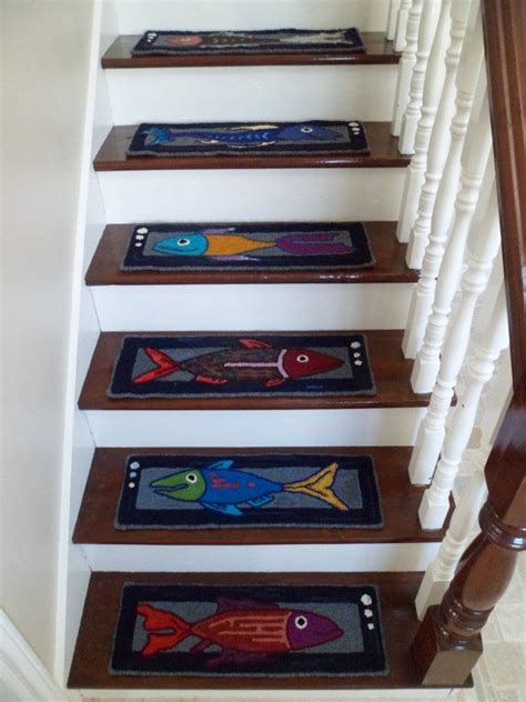Seloom carpet stair treads non slip indoor set. Made to Order, Set of 12 Hooked Fish Stair Tread Rugs ...