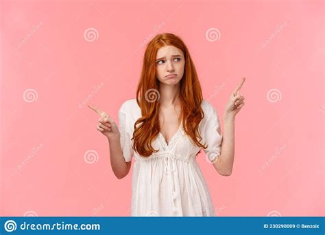 Waist Up Portrait Innocent Cute And Timid Redhead Indecisive Girl Dont Know What Do Pouting
