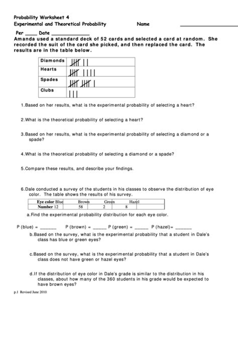Experimental And Theoretical Probability Worksheet Template printable