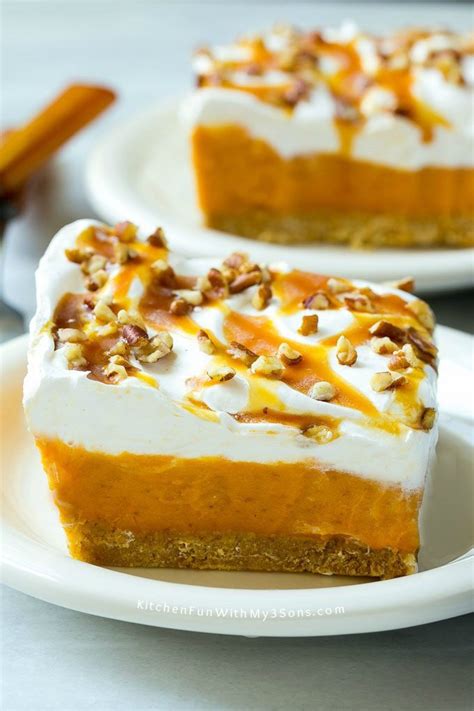 Here's a roundup of pumpkin recipes, including quick vegetarian pumpkin recipes. No-Bake Pumpkin Lush Dessert - Kitchen Fun With My 3 Sons