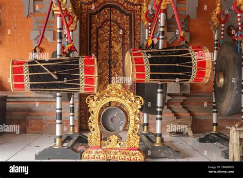 Musical Instruments In A Hindu Temple On Bali Island Indonesia Drums