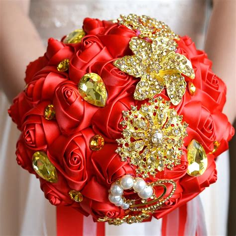 Hot Gorgeous Gold Brooches Wedding Bouquet Silk Roses Bridal Bouquet