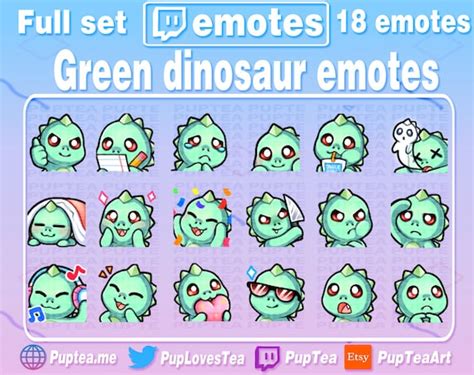 18x Cute Green Dinosaur Emotes Pack For Twitch And Discord Etsy Uk