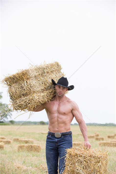 Hot Shirtless Muscular Cowboy With Hay Bales Rob Lang Images