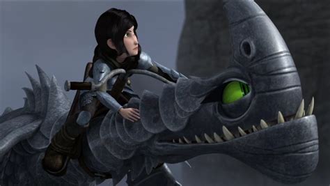 heather riding on windshear the razorwhip dragon from dreamworks dragons race to the edge
