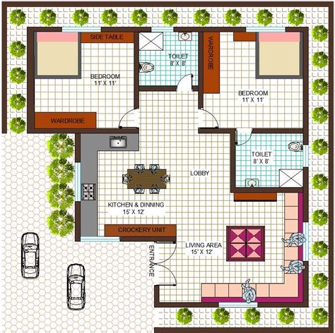 900 Square Feet 2 Bhk Contemporary Style Single Floor House Plan Cadbull