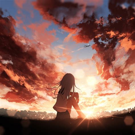 2048x2048 Anime Girl Watching Sunset 4k Ipad Air Hd 4k Wallpapers