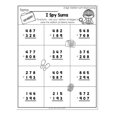 2nd Grade Math Worksheets 3 Digit Addition With Regrouping I Spy Sums Lucky Little Learners