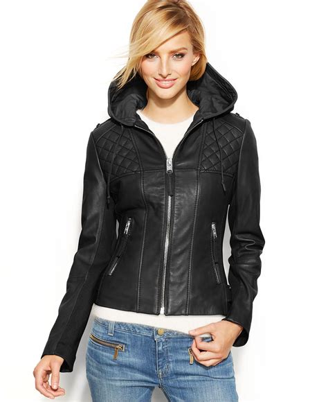 Michael Michael Kors Hooded Leather Motorcycle Jacket Coats Women