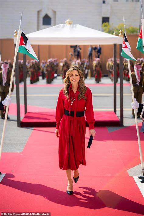Lady In Red Queen Rania Of Jordan Cuts An Elegant Figure In A Scarlet Dress For Husband King