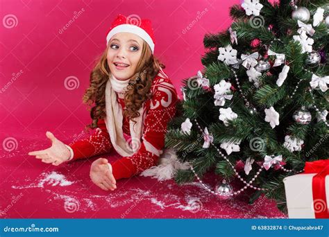 Happy Girl Is Lying Behind Christmas Tree Stock Photo Image Of December Happy