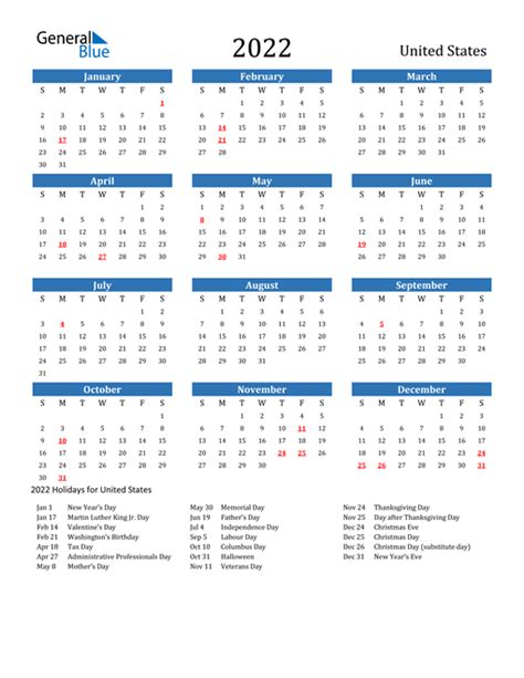 2022 Holiday Calendar Us 2022
