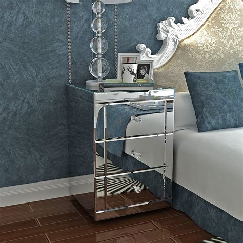 Yulie Mirrored Crystal Glass Bedside Table With 3 Drawers Storage Furniture For Living Room