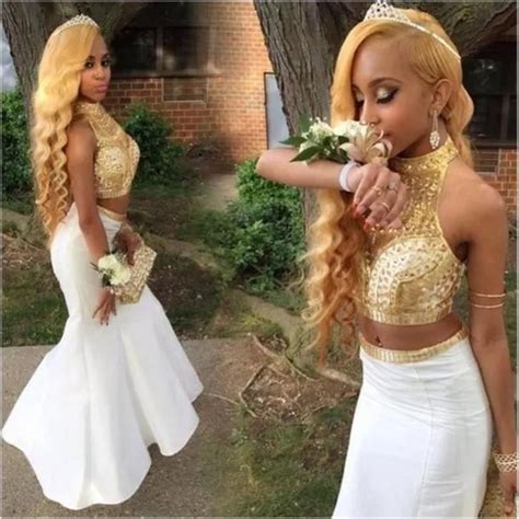 Gold And White African Two Pieces Prom Dresses Mermaid 2017 Beaded Black Girl Prom Dress High
