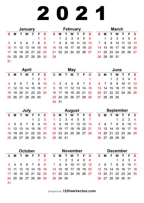 2021 Yearly Calendars Free Printable