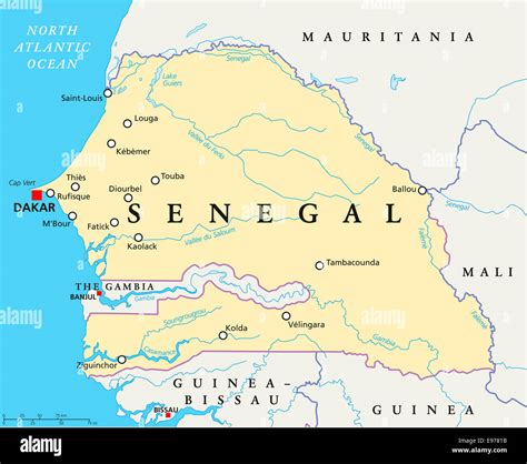 Senegal Political Map with capital Dakar, national borders, important