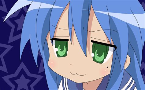 wallpaper illustration anime girls blue hair green eyes cartoon lucky star izumi konata