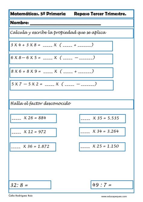 Fichas De Matemáticas Quinto Primaria