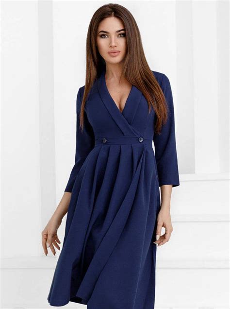 Navy Blue Dress Casual Wear Midi Dress Spring Office Dress Fold Casual Womens Gown Knee Day