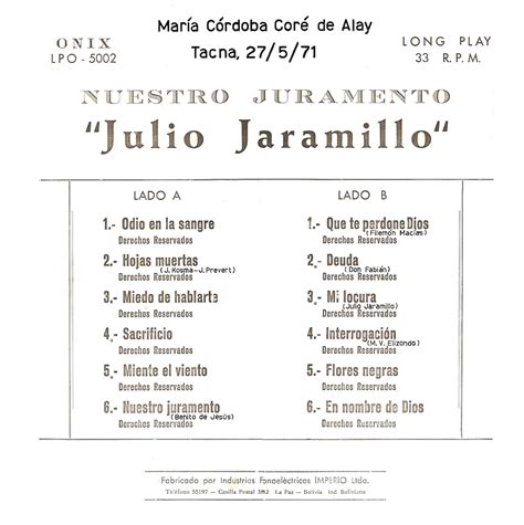 Musicoteca Alay Julio Jaramillo Nuestro Juramento 1962 Lp