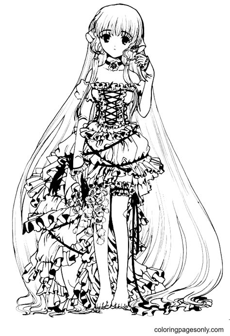 Long Hair Anime Girl With A Pretty Dress Coloring Page Free Printable