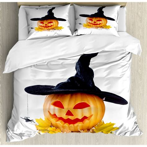 Halloween Duvet Cover Set Queen Size Carved Pumpkin With Witch Hat And