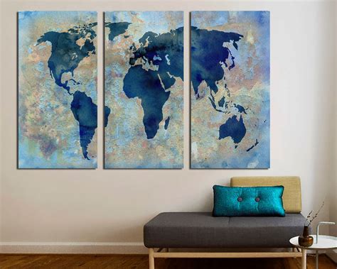 3 Panel Split Abstract World Map Canvas Print15 Deep Etsy Map