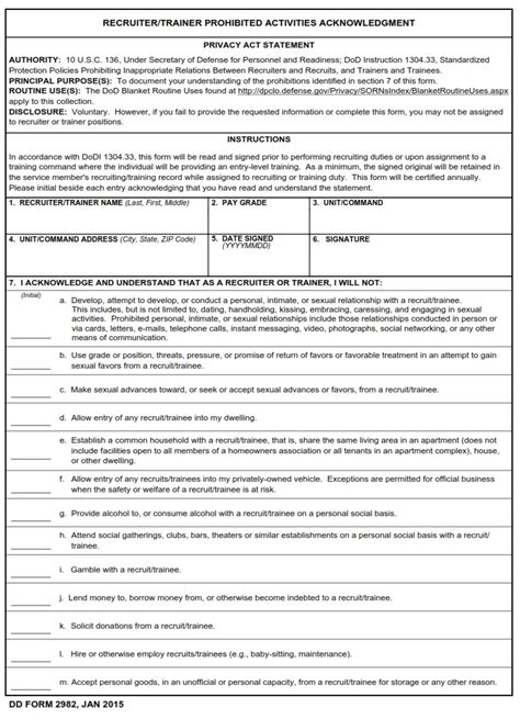 Dd Form 2982 Recruitertrainer Prohibited Activities Acknowledgment
