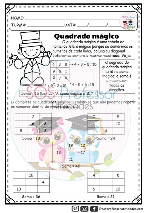 quadrado mágico matemática sos professor atividades