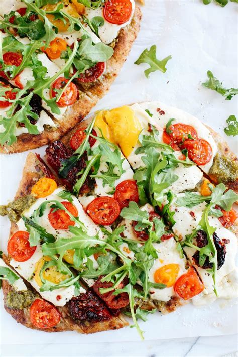 Garlicky Pesto Flatbread Pizza With Tomatoes And Arugula Eat Yourself