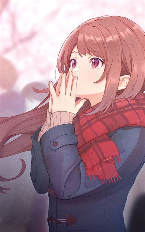 Download 1600x2560 Anime Girl Red Scarf Winter Brown Hair School