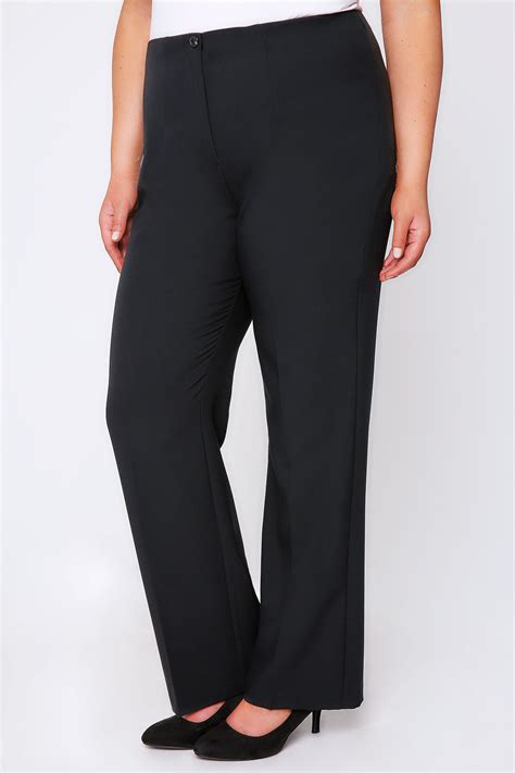 Black Straight Leg Trousers With Elasticated Waist And Invisible Zip Plus